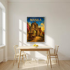 Kalesa sa Puerta — Manila art print, in a white frame, styled in a kitchen