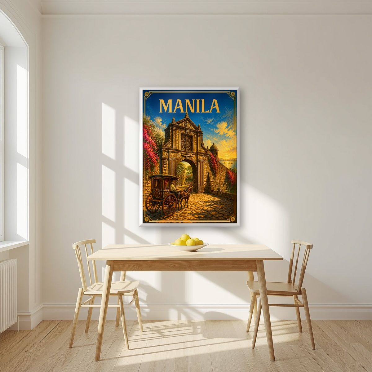 Kalesa sa Puerta — Manila art print, in a white frame, styled in a kitchen