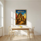 Kalesa sa Puerta — Manila art print, in an oak frame, styled in a kitchen