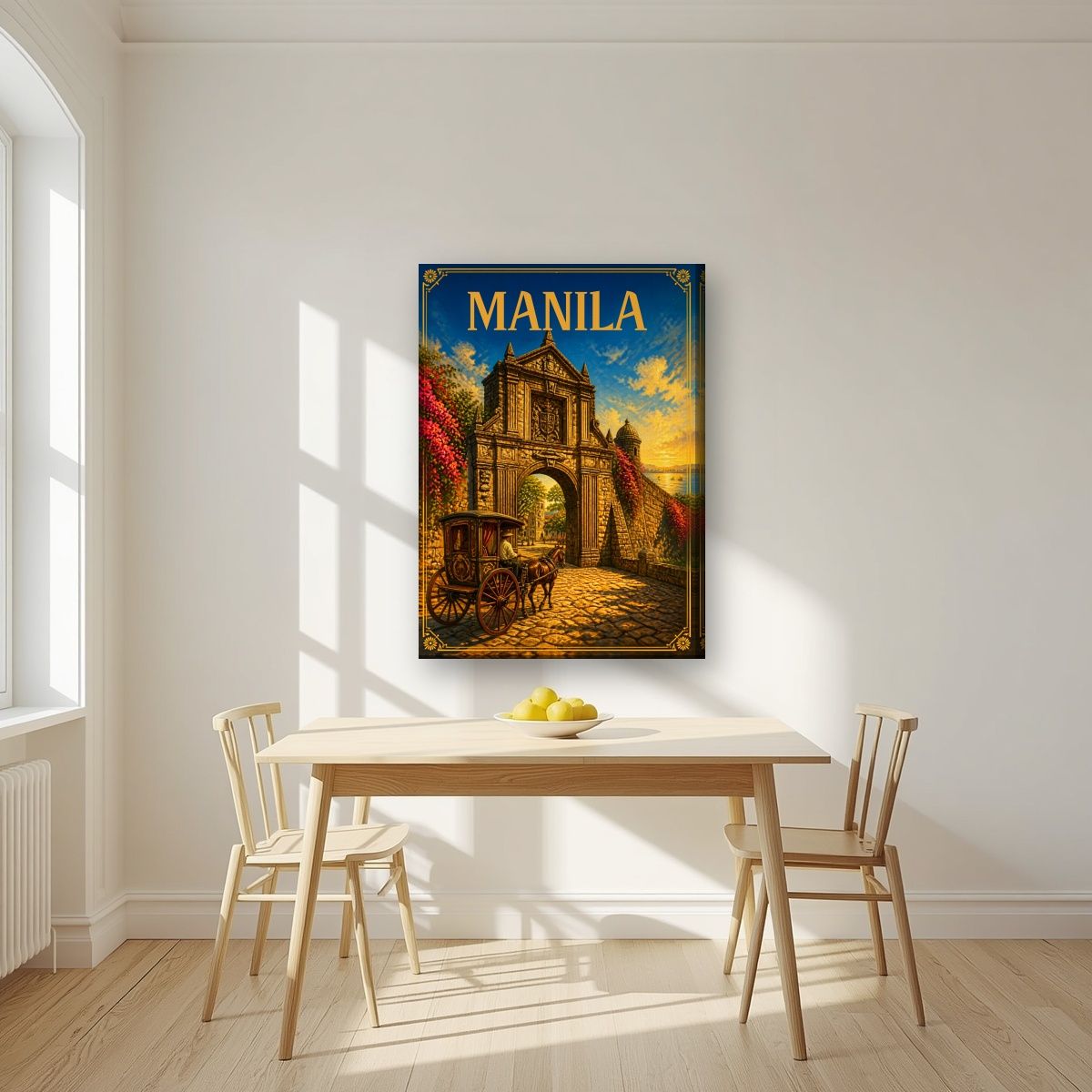 Kalesa sa Puerta — Manila art print, on slim canvas, styled in a kitchen
