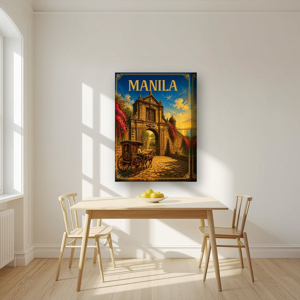 Kalesa sa Puerta — Manila art print, on thick canvas, styled in a kitchen