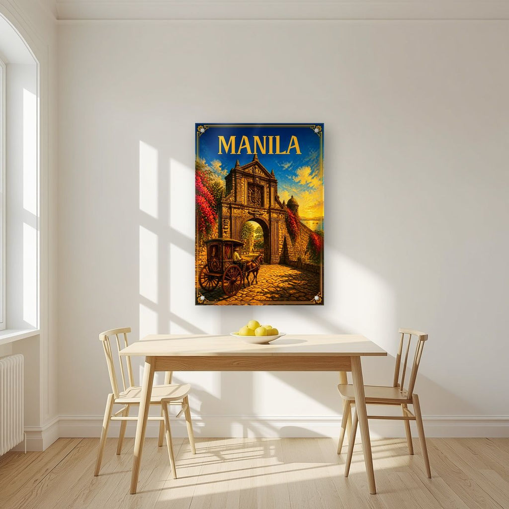 Kalesa sa Puerta — Manila art print, as an acrylic print, styled in a kitchen