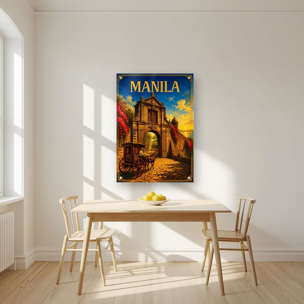 Kalesa sa Puerta — Manila art print, as an acrylic print, styled in a kitchen