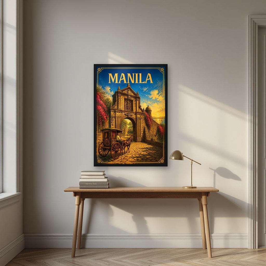 Kalesa sa Puerta — Manila art print, in a black frame, styled in a desk