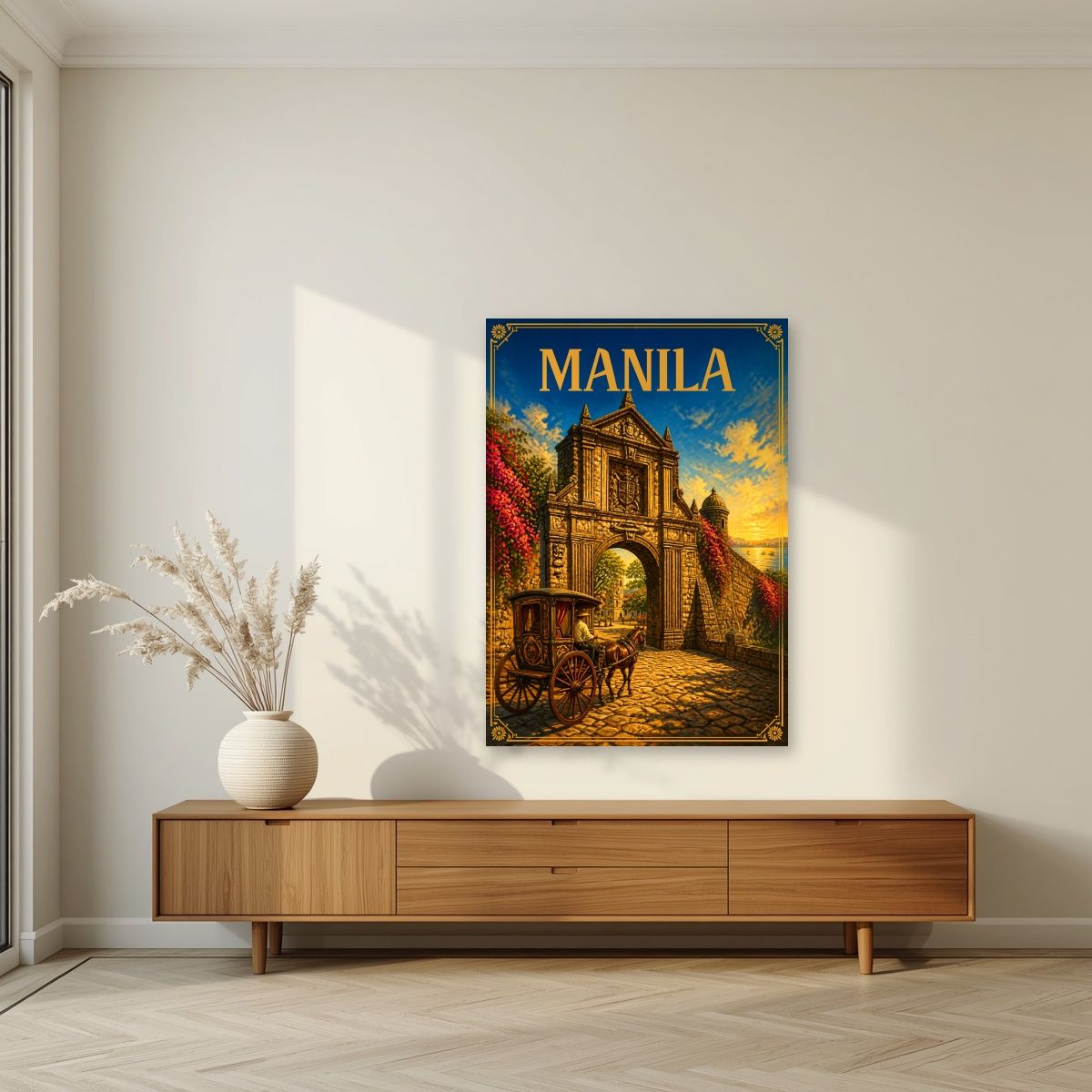 Kalesa sa Puerta — Manila art print, unframed poster, styled in a living room