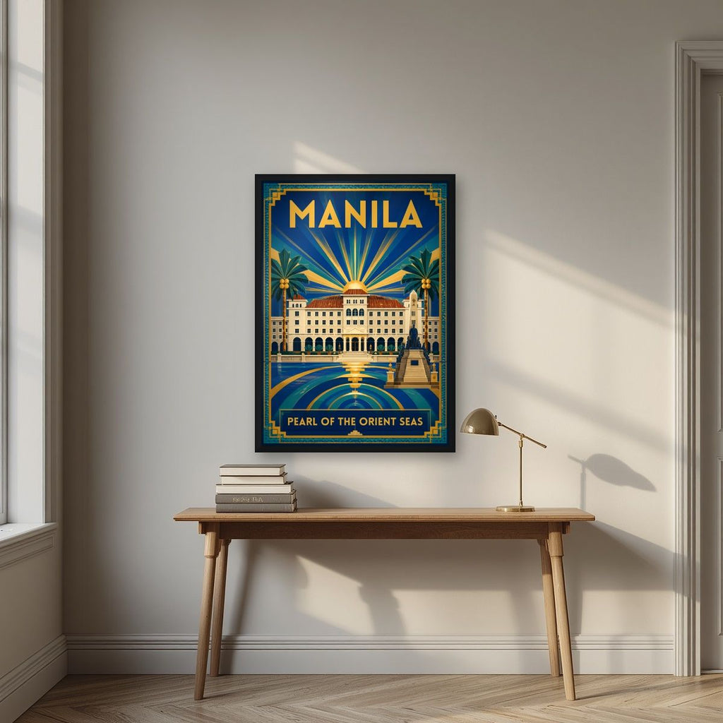 Palasyo sa Look — Manila art print, in a black frame, styled in a desk