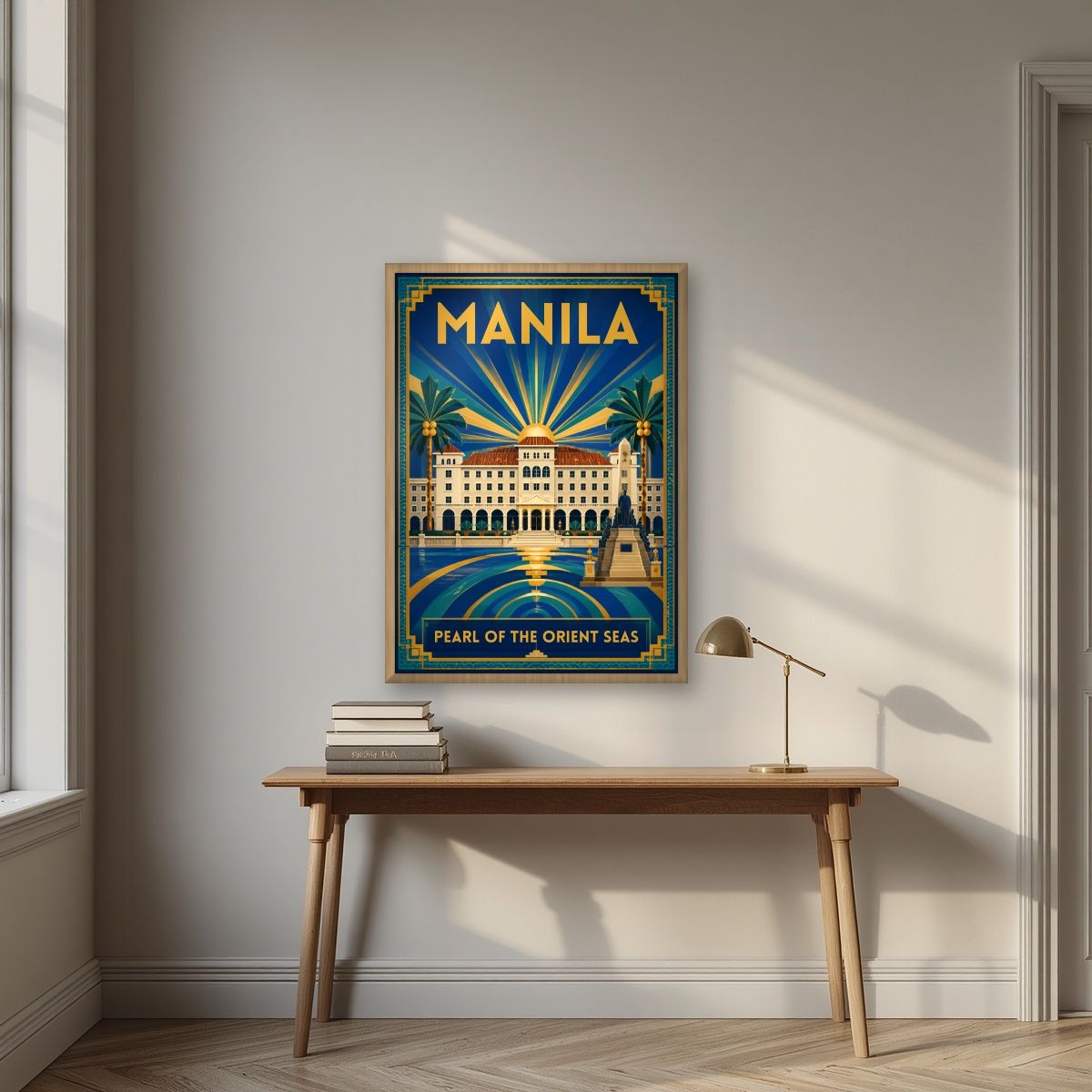 Palasyo sa Look — Manila art print, in an oak frame, styled in a desk
