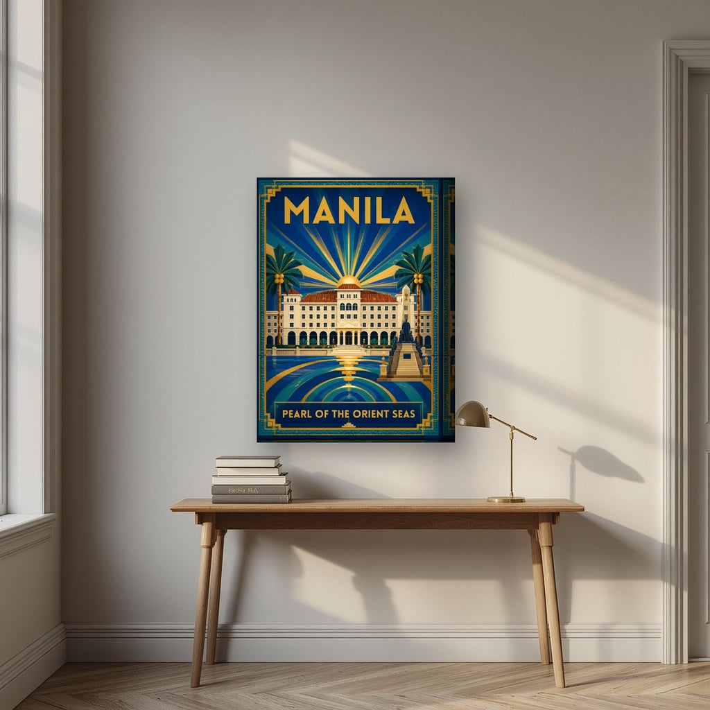Palasyo sa Look — Manila art print, on thick canvas, styled in a desk