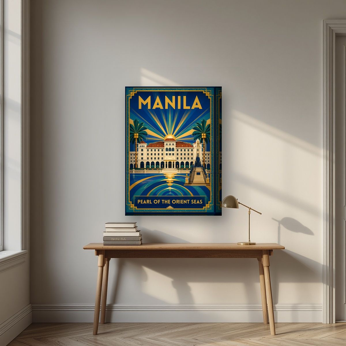 Palasyo sa Look — Manila art print, on thick canvas, styled in a desk