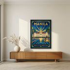 Palasyo sa Look — Manila art print, in a black frame, styled in a living room