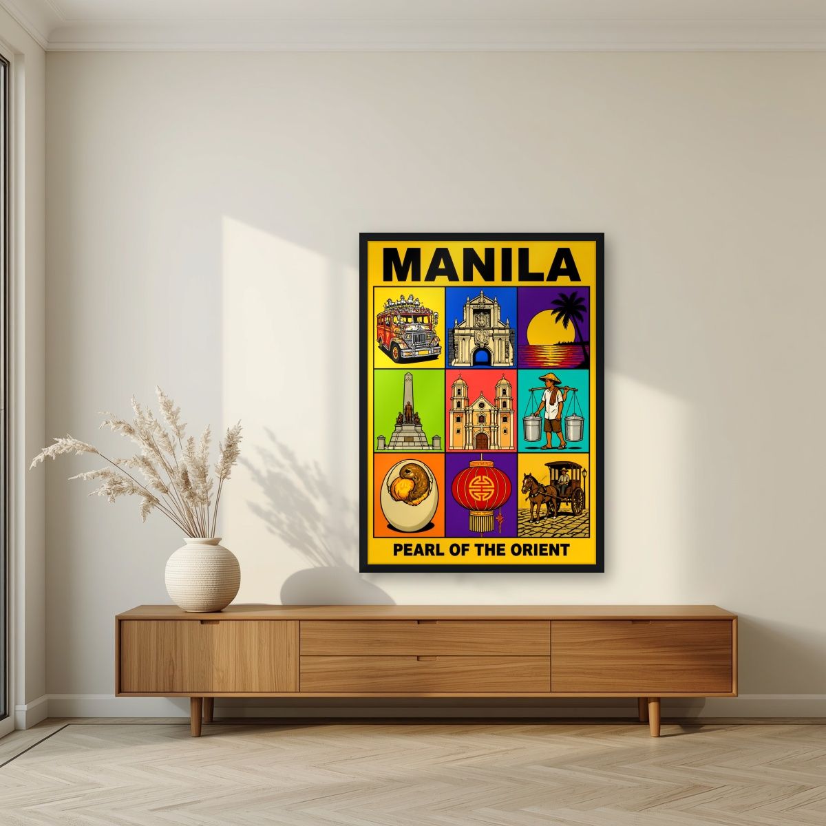Siyam na Sagisag — Manila art print, in a black frame, styled in a living room