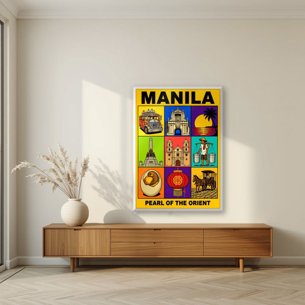 Siyam na Sagisag — Manila art print, in a white frame, styled in a living room