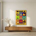 Siyam na Sagisag — Manila art print, in an oak frame, styled in a living room