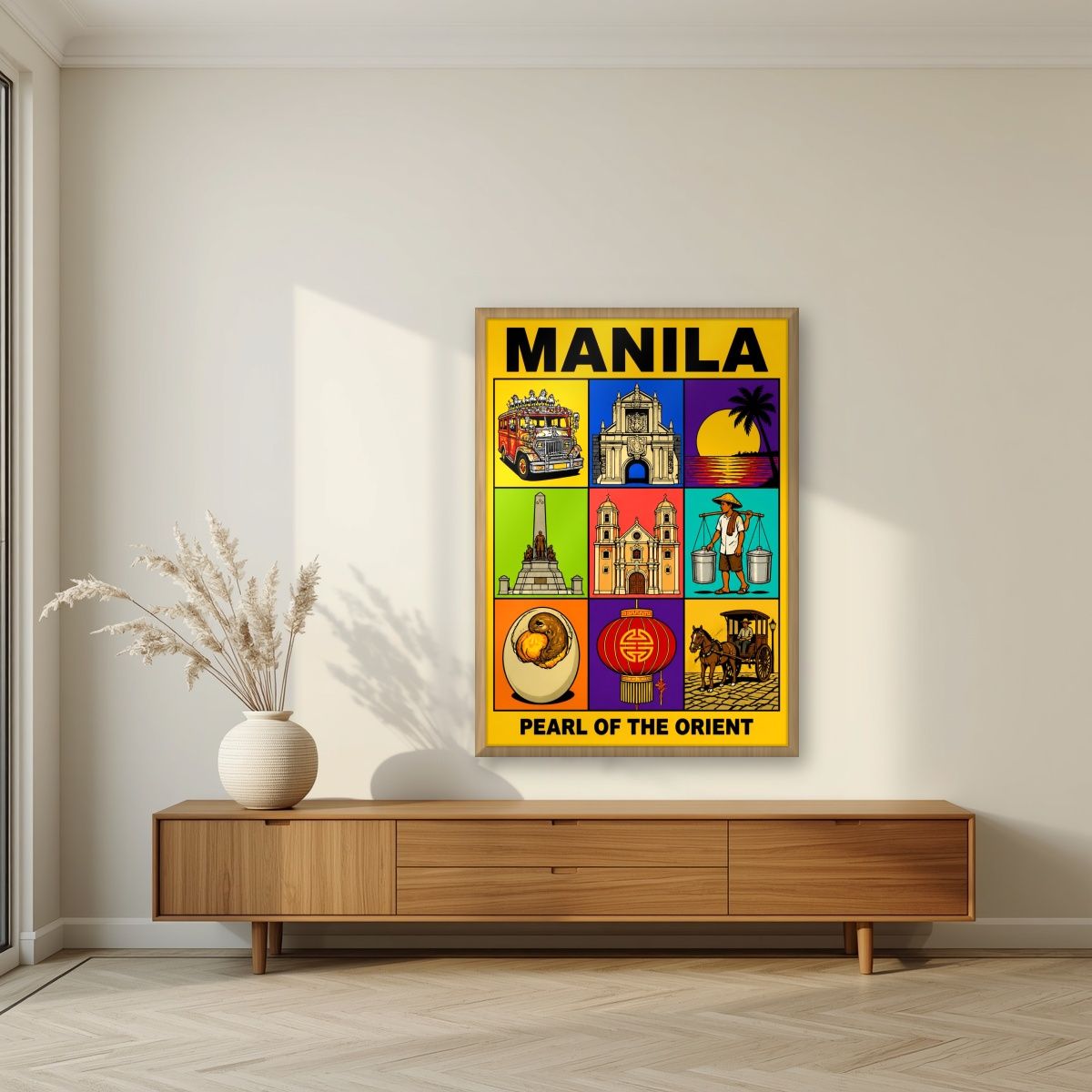 Siyam na Sagisag — Manila art print, in an oak frame, styled in a living room