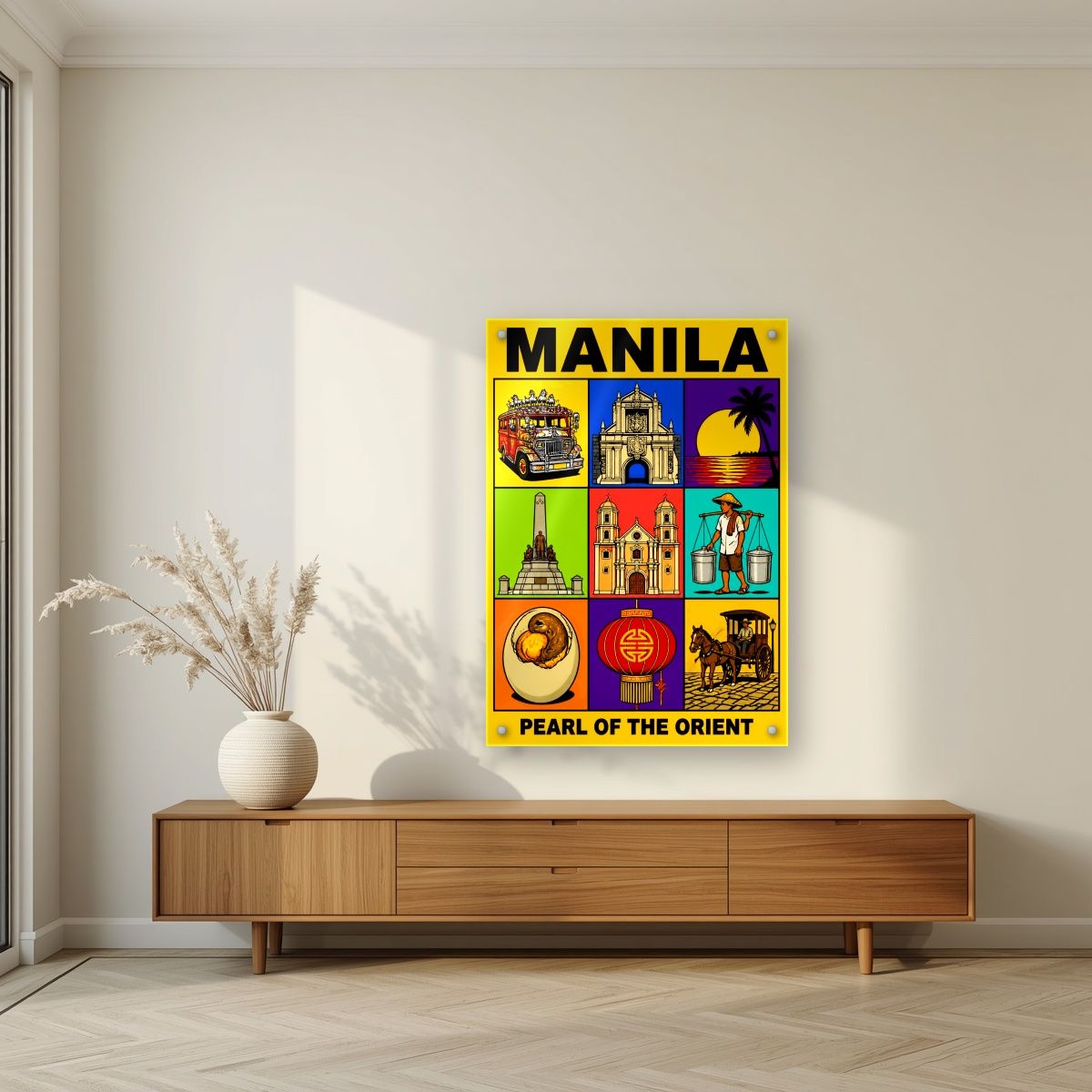 Siyam na Sagisag — Manila art print, as an acrylic print, styled in a living room