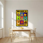 Siyam na Sagisag — Manila art print, in a black frame, styled in a kitchen