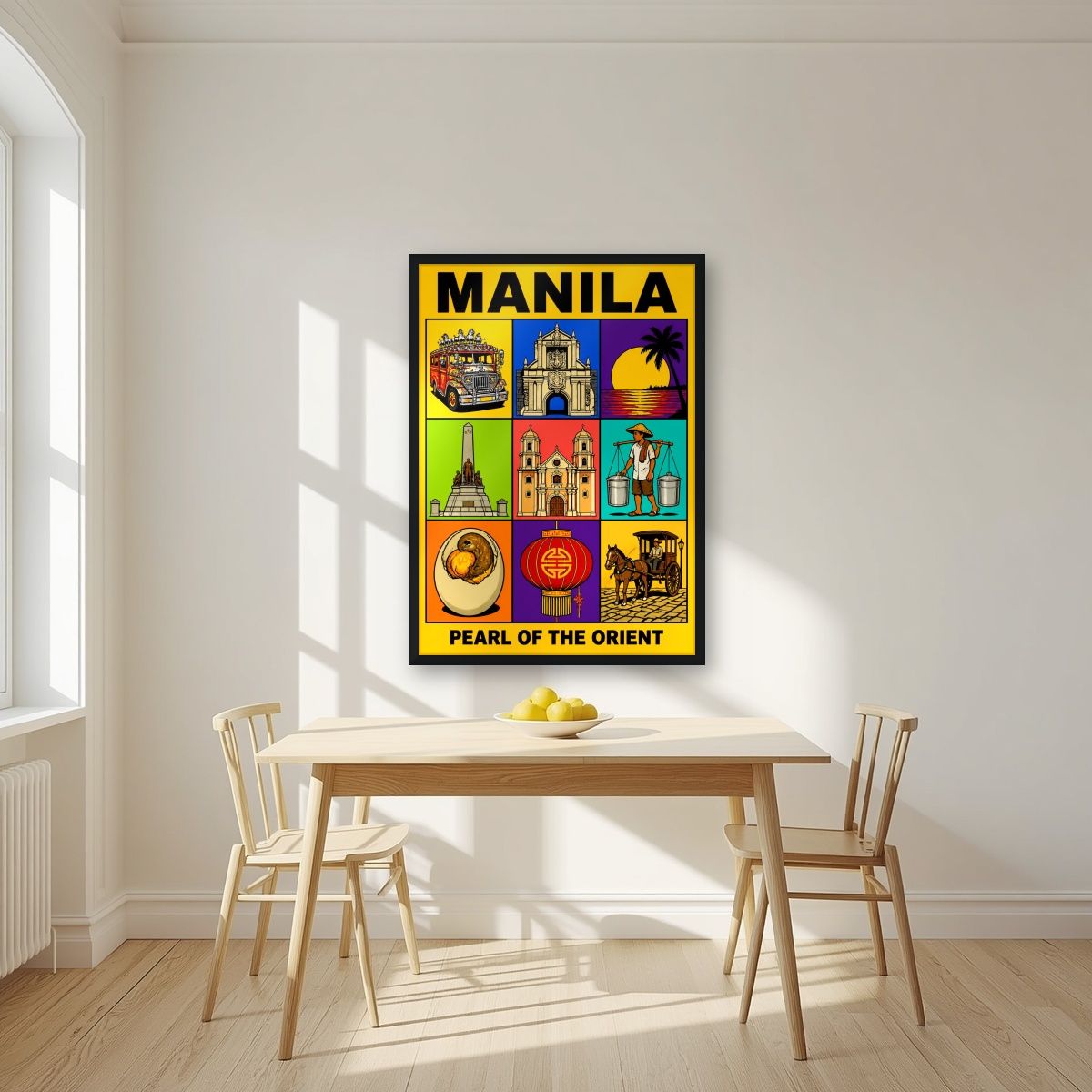 Siyam na Sagisag — Manila art print, in a black frame, styled in a kitchen