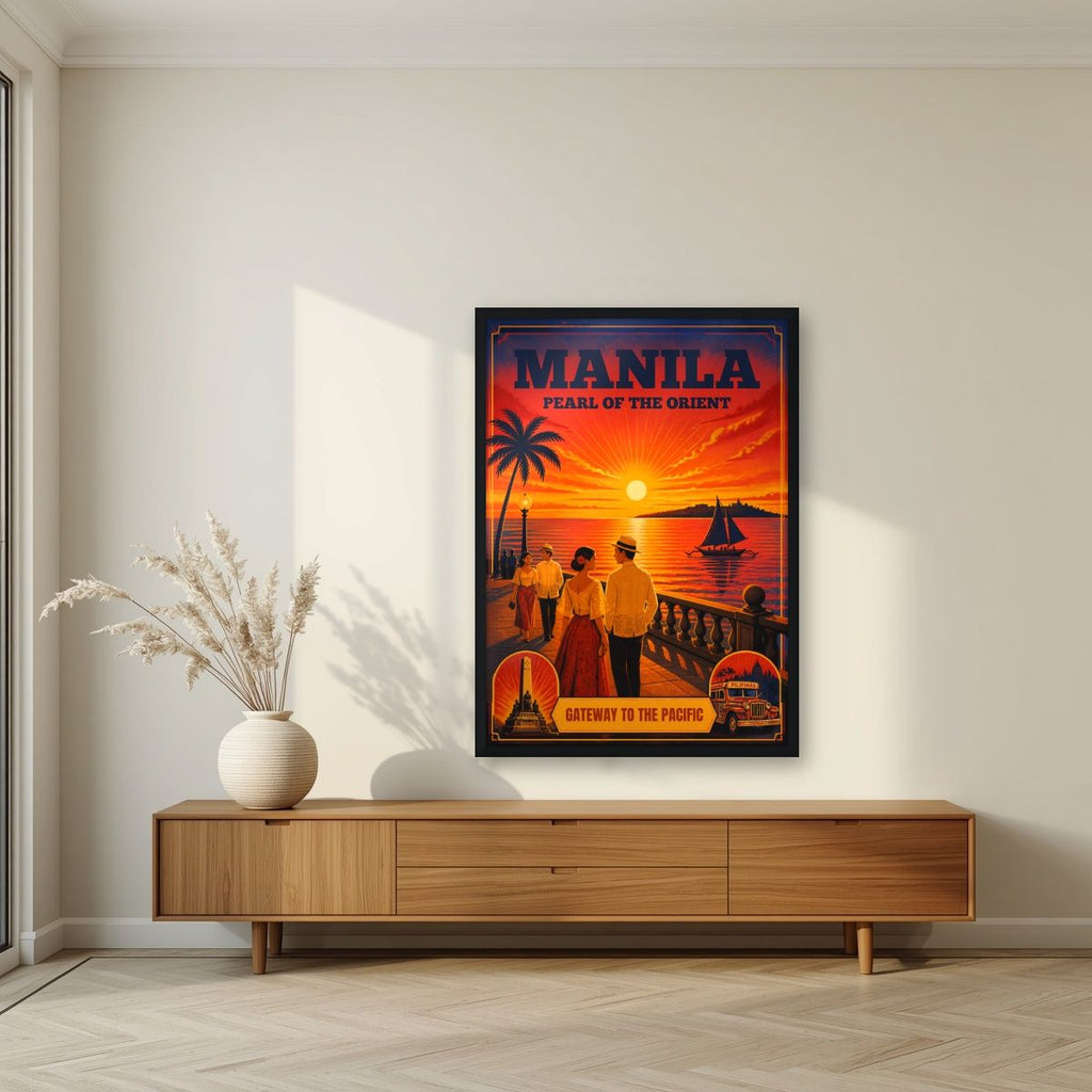 Takipsilim sa Baybayin — Manila art print, in a black frame, styled in a living room