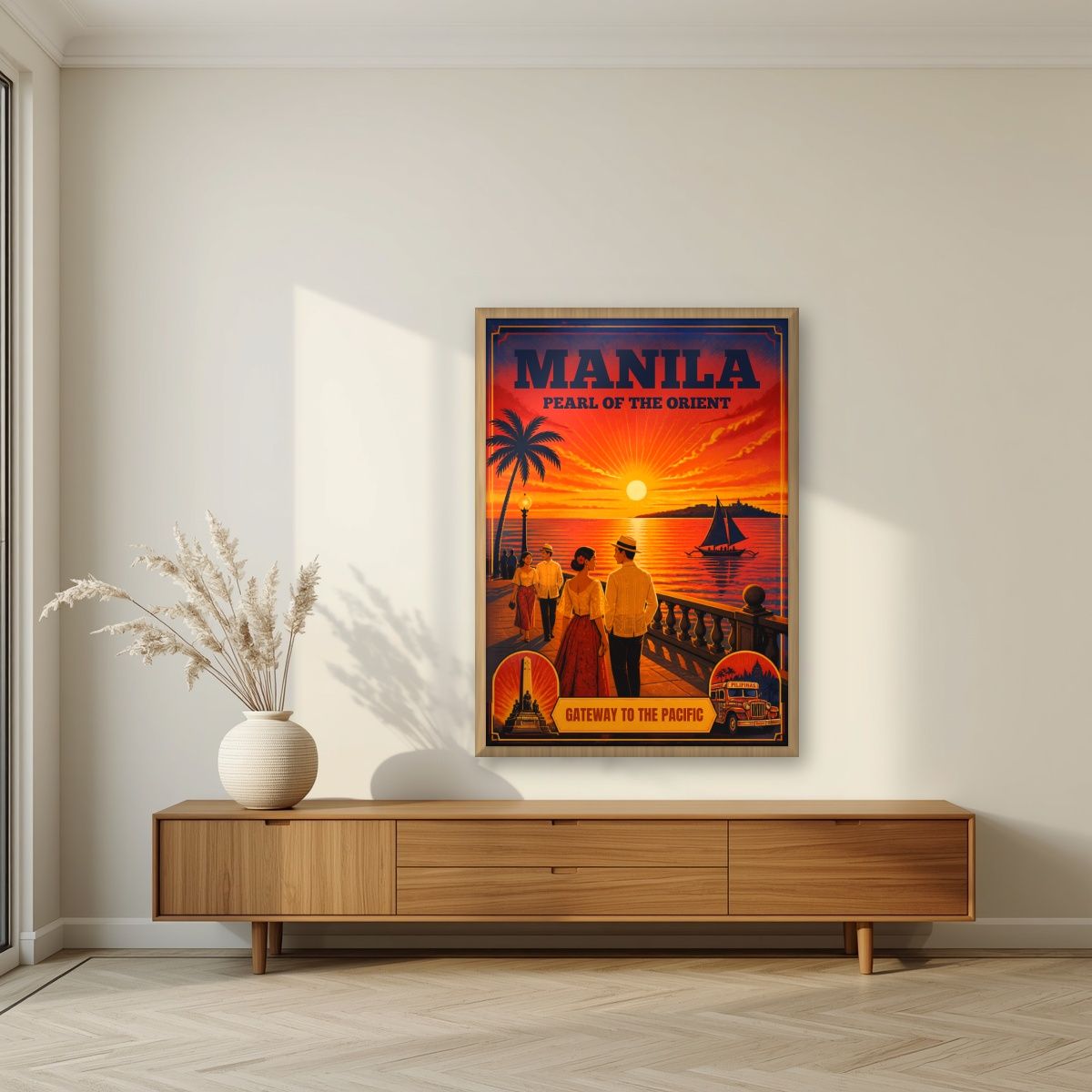 Takipsilim sa Baybayin — Manila art print, in an oak frame, styled in a living room