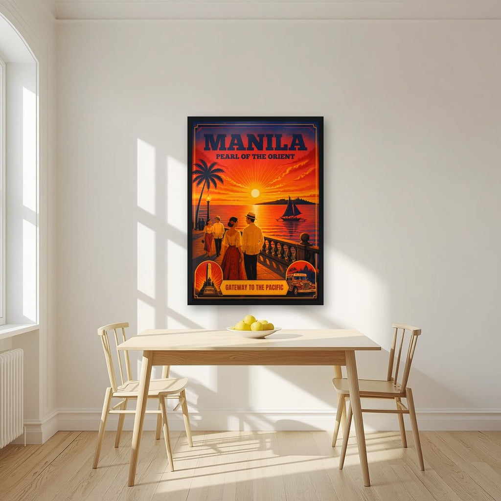 Takipsilim sa Baybayin — Manila art print, in a black frame, styled in a kitchen