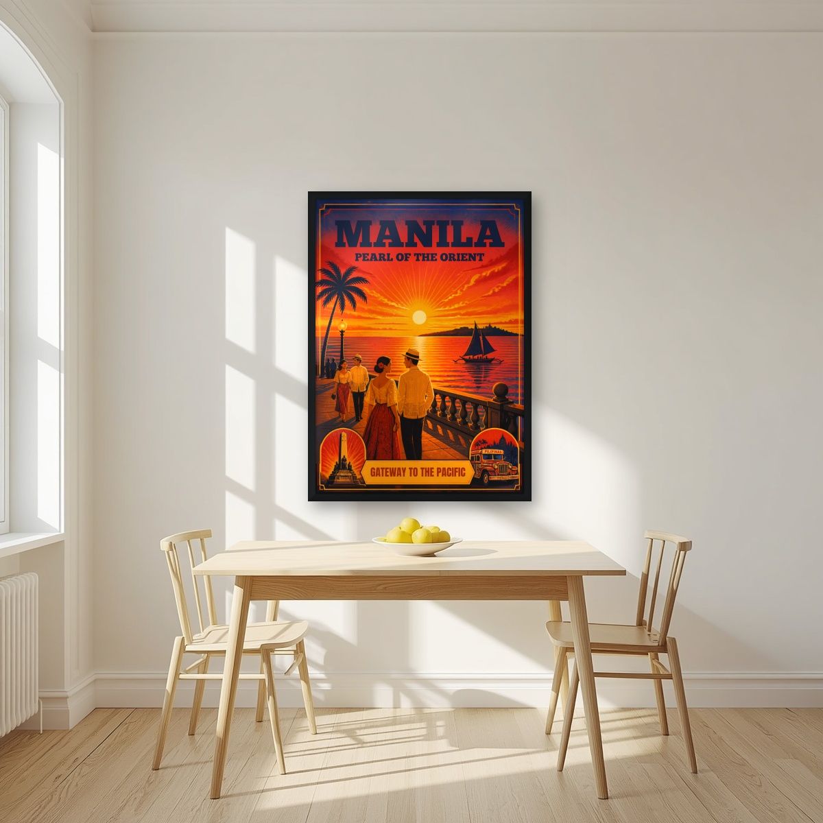 Takipsilim sa Baybayin — Manila art print, in a black frame, styled in a kitchen