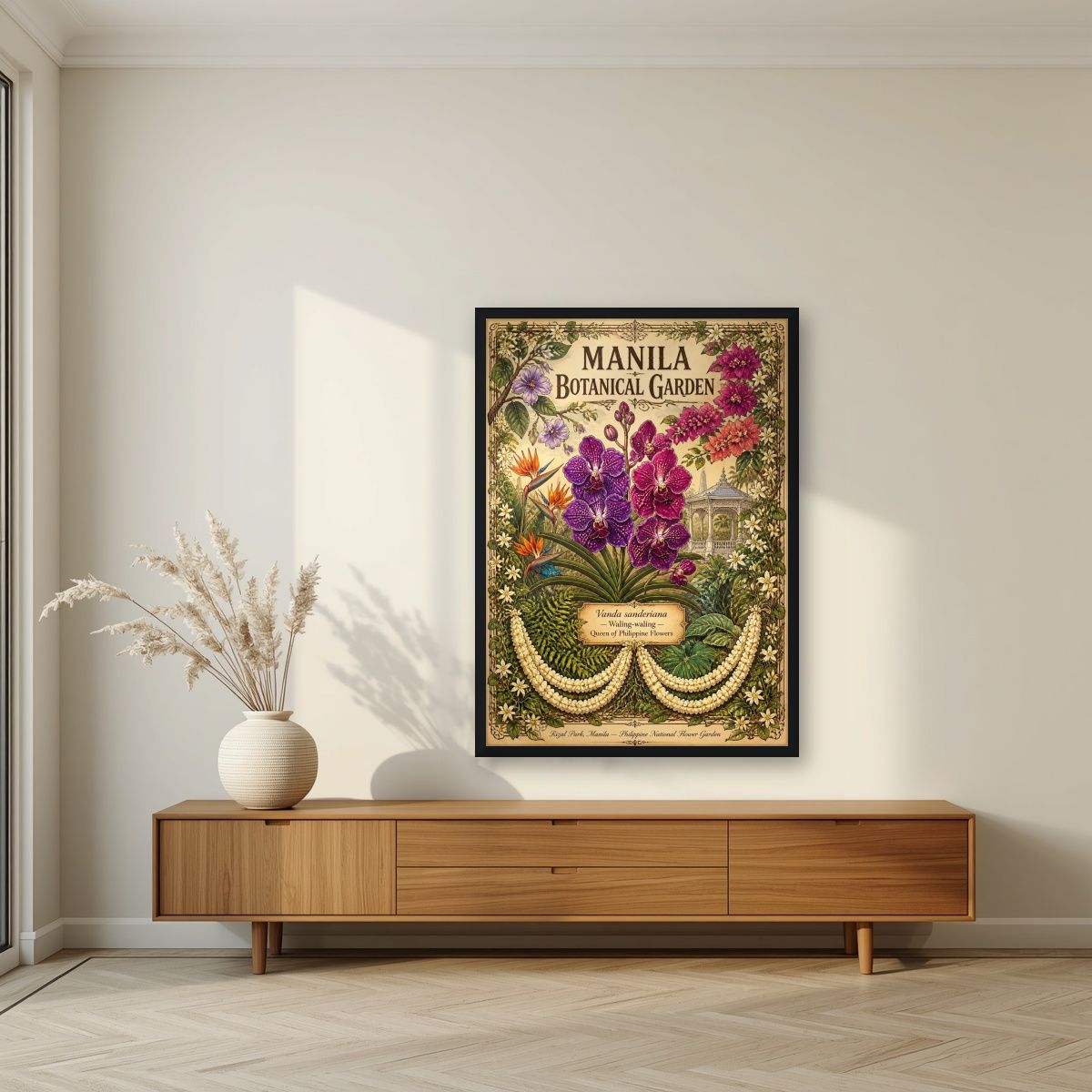 Waling-waling — Manila art print, in a black frame, styled in a living room