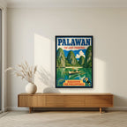 Ang Bangkero — Palawan art print, in a black frame, styled in a living room