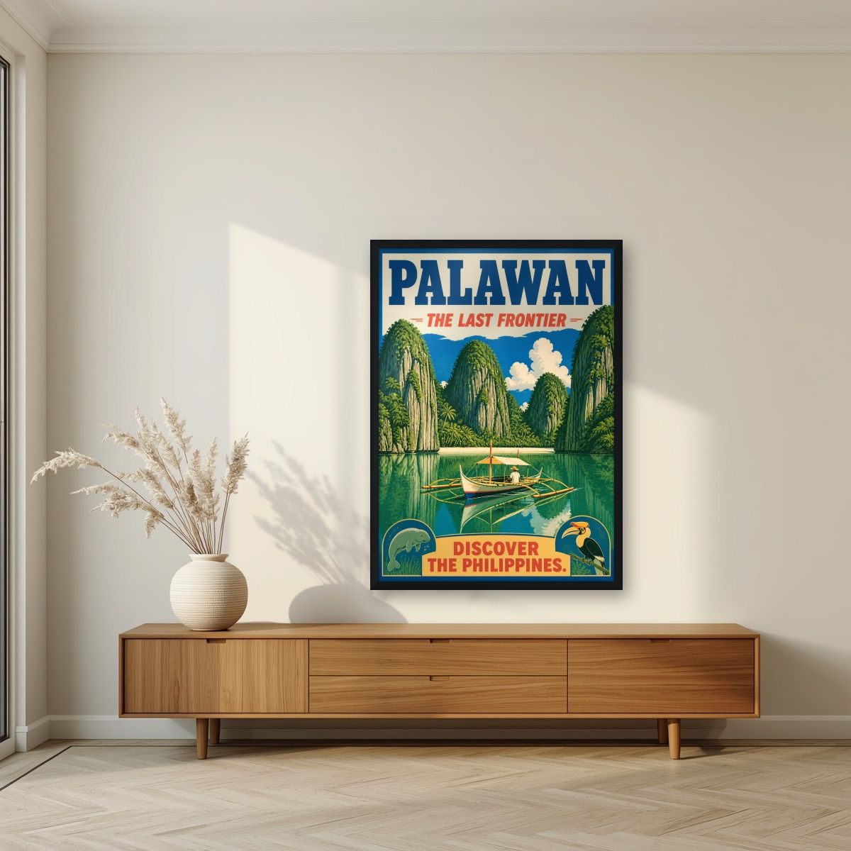Ang Bangkero — Palawan art print, in a black frame, styled in a living room