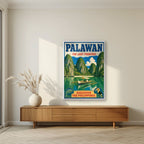 Ang Bangkero — Palawan art print, in a white frame, styled in a living room