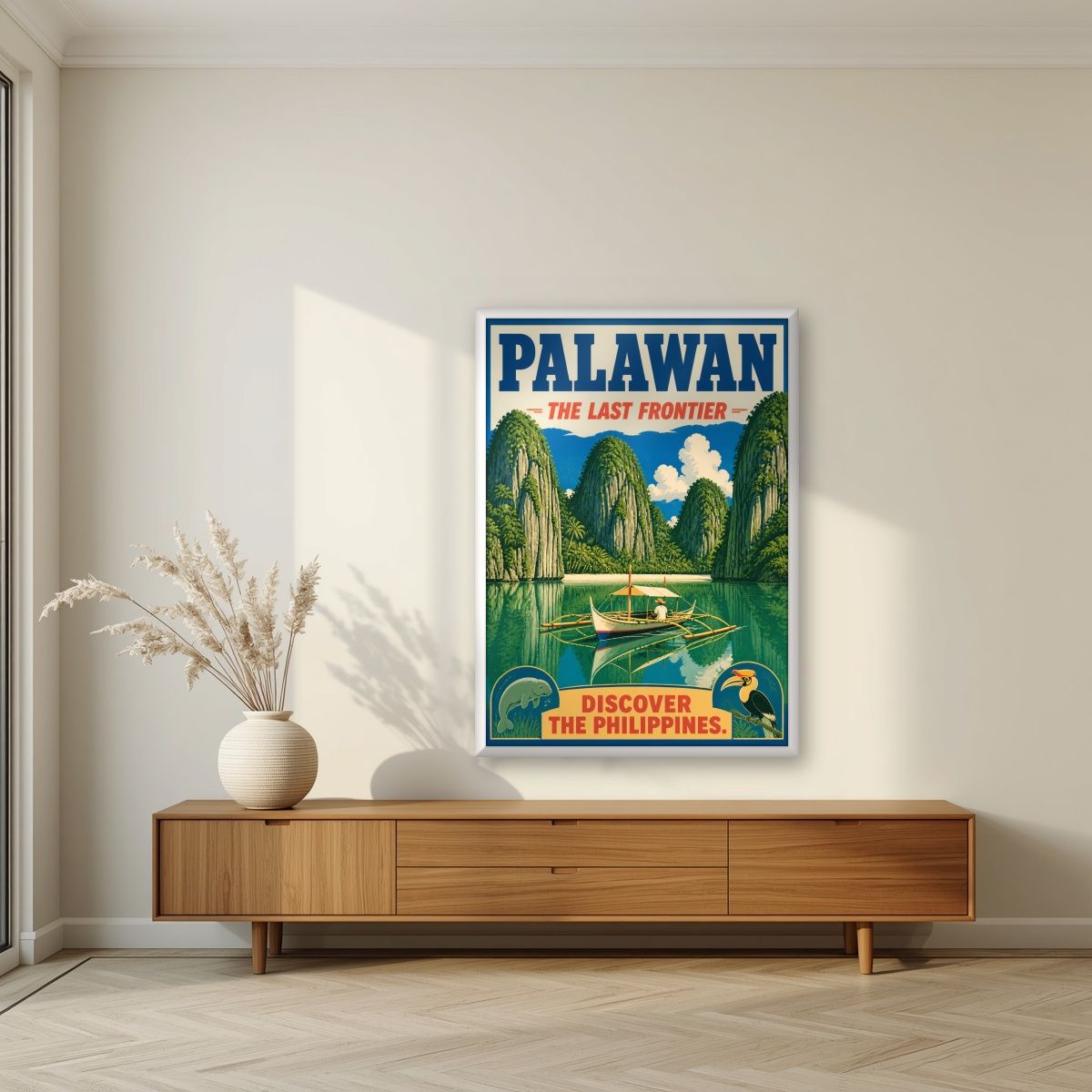 Ang Bangkero — Palawan art print, in a white frame, styled in a living room