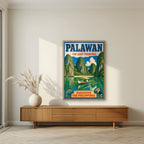 Ang Bangkero — Palawan art print, in an oak frame, styled in a living room