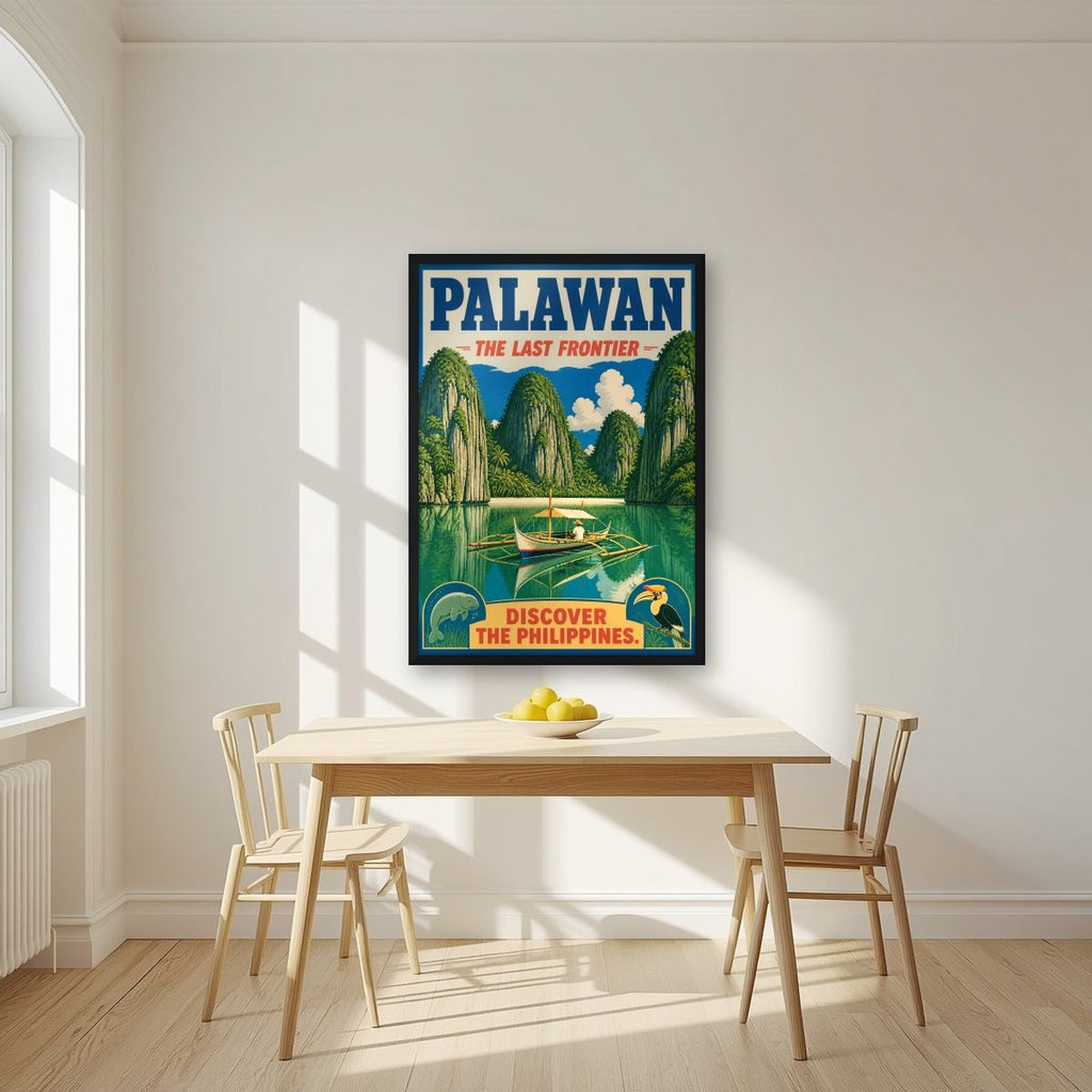 Ang Bangkero — Palawan art print, in a black frame, styled in a kitchen