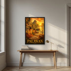 Ginintuang Hapon — Palawan art print, in a black frame, styled in a desk