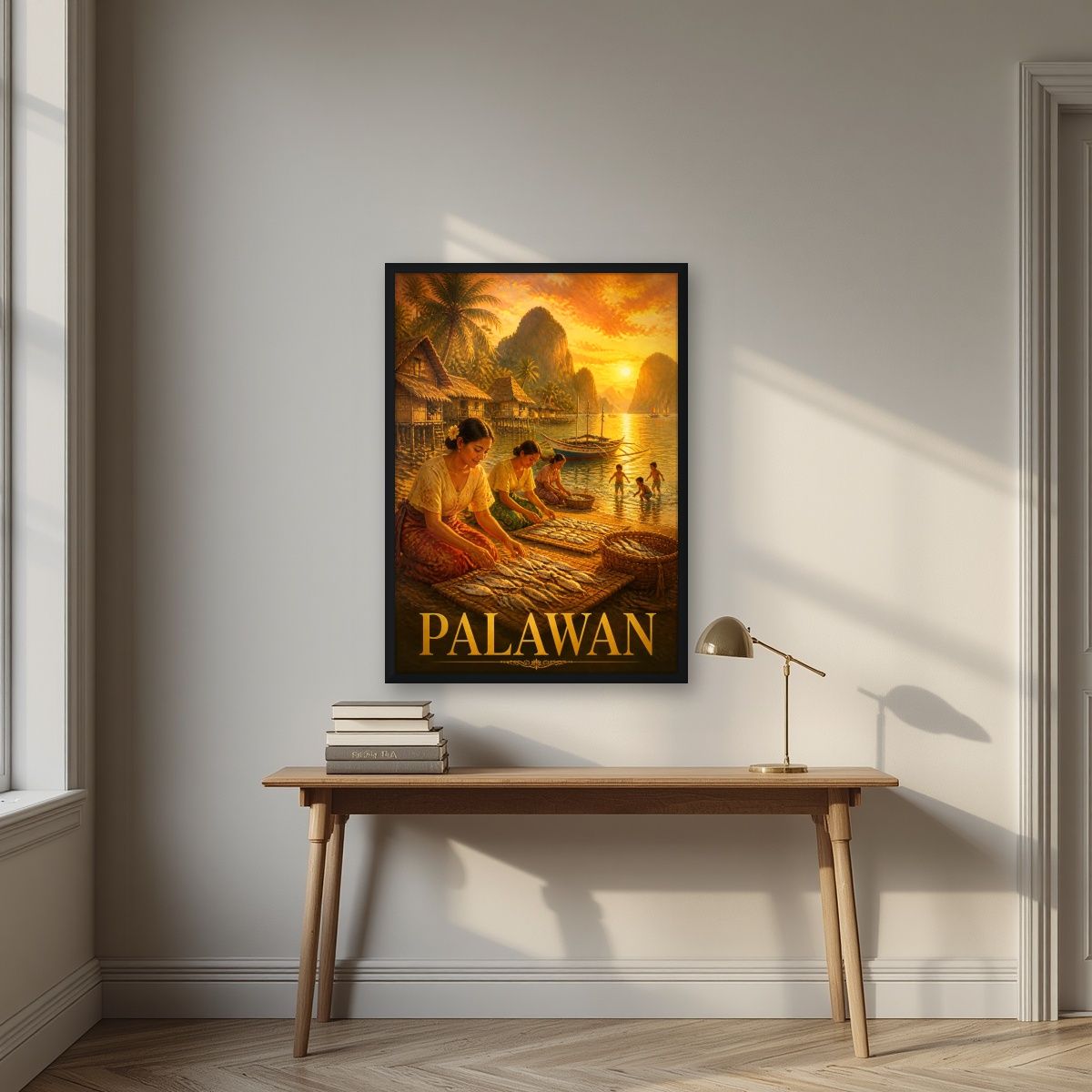 Ginintuang Hapon — Palawan art print, in a black frame, styled in a desk