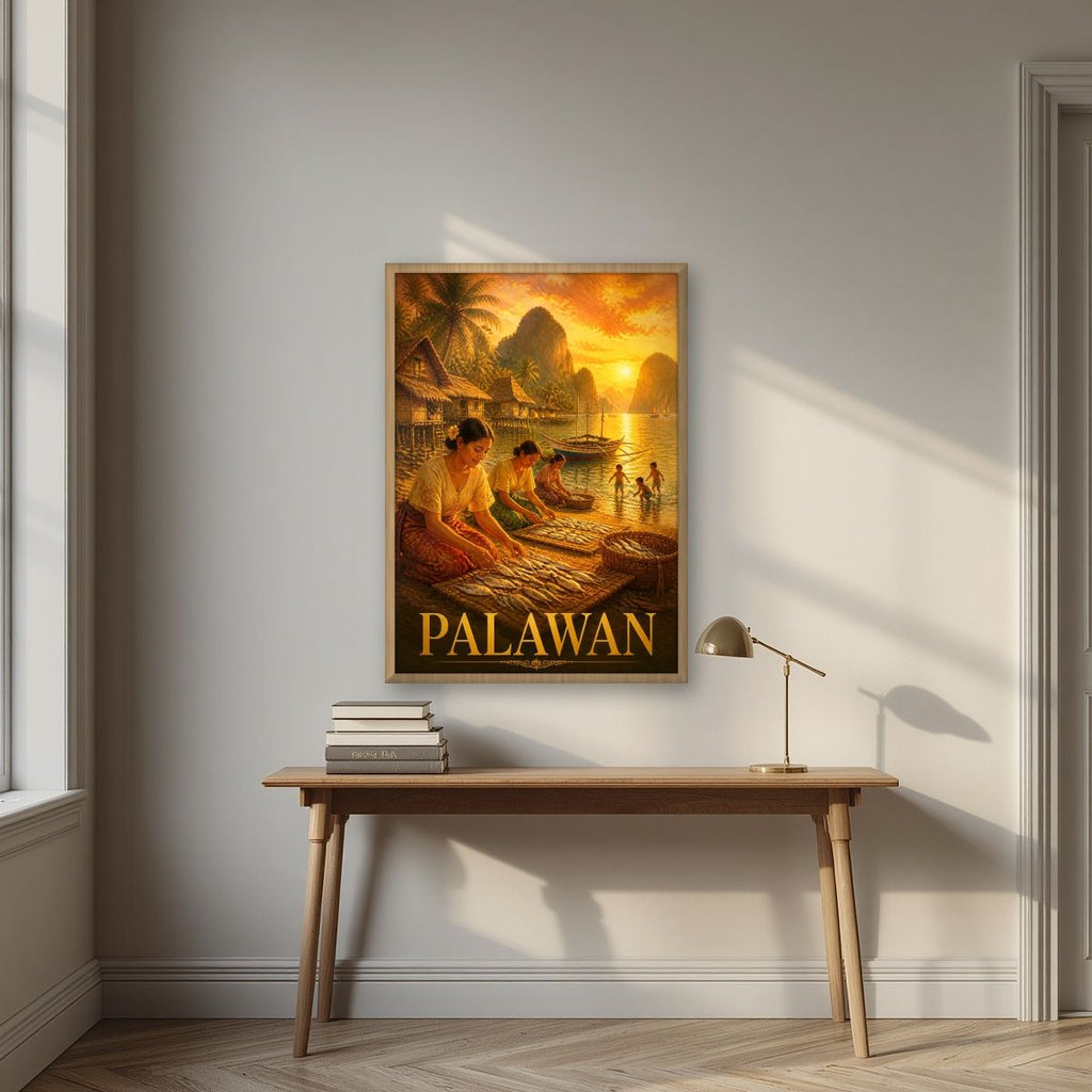 Ginintuang Hapon — Palawan art print, in an oak frame, styled in a desk