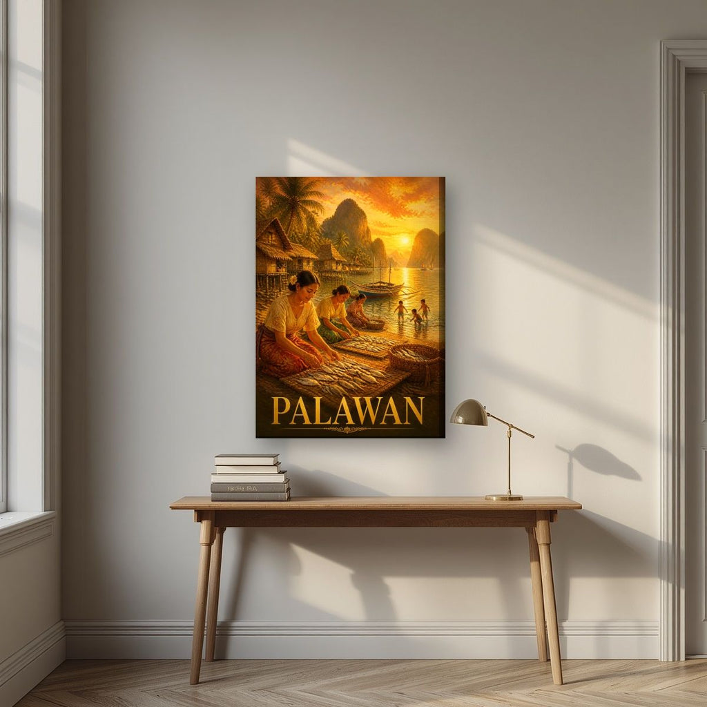 Ginintuang Hapon — Palawan art print, on slim canvas, styled in a desk
