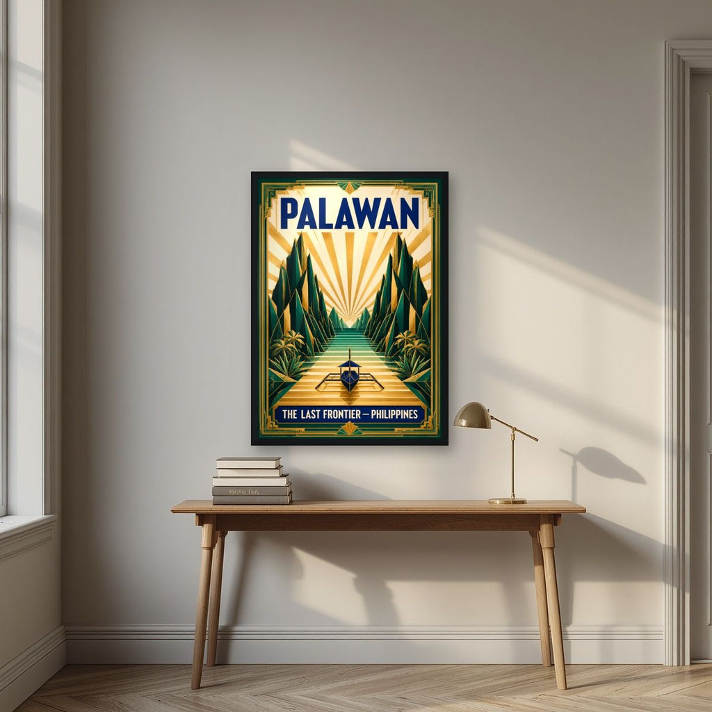 Gintong Palma — Palawan art print, in a black frame, styled in a desk