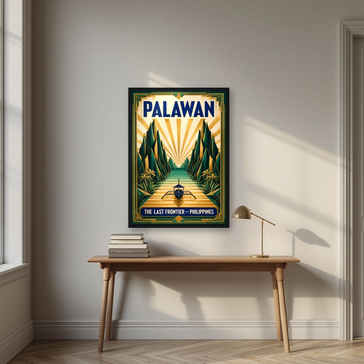 Gintong Palma — Palawan art print, in a black frame, styled in a desk