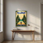 Gintong Palma — Palawan art print, in a white frame, styled in a desk