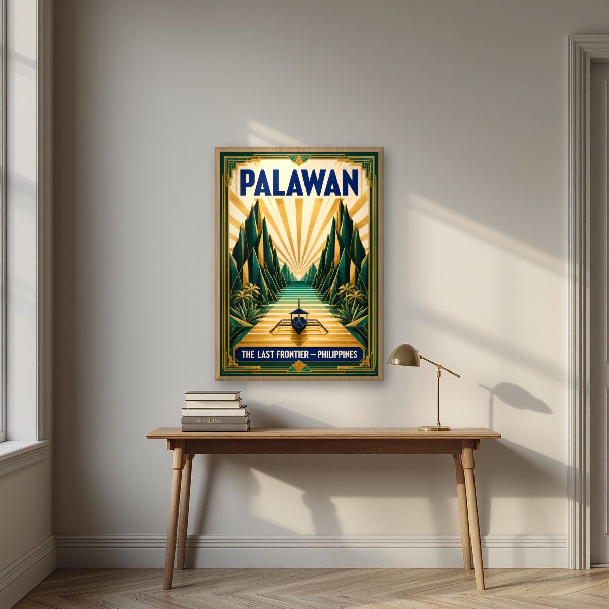 Gintong Palma — Palawan art print, in an oak frame, styled in a desk