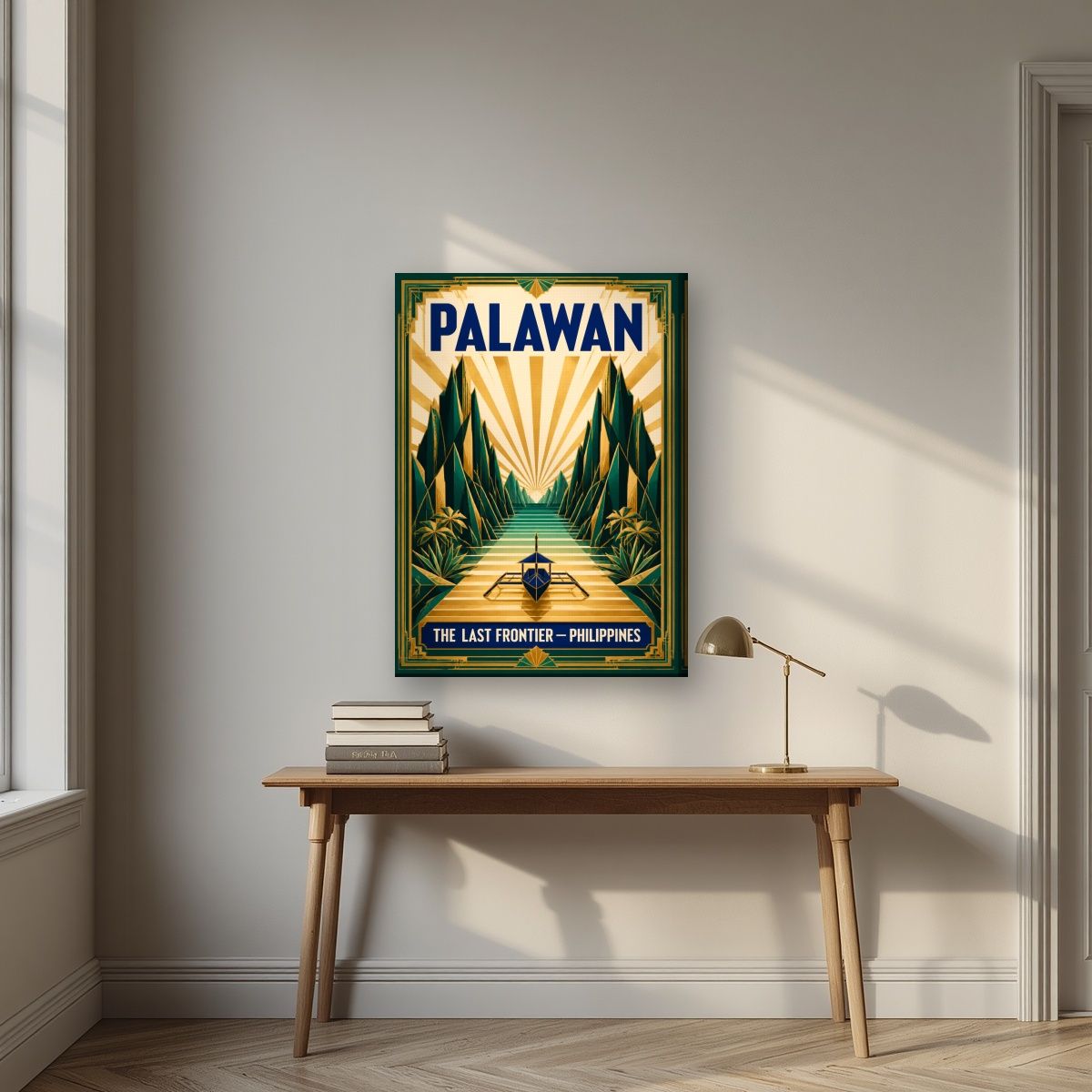 Gintong Palma — Palawan art print, on slim canvas, styled in a desk