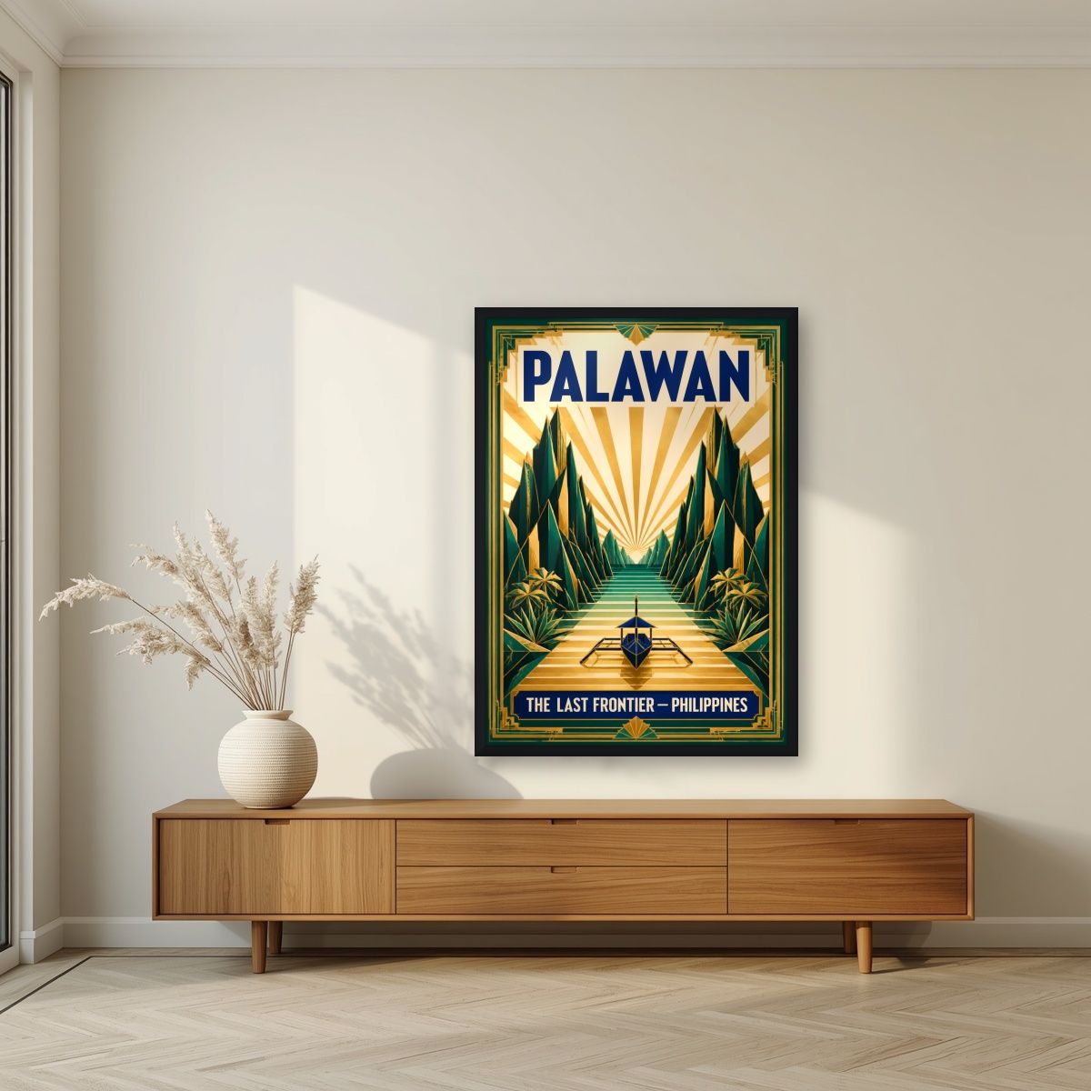 Gintong Palma — Palawan art print, in a black frame, styled in a living room