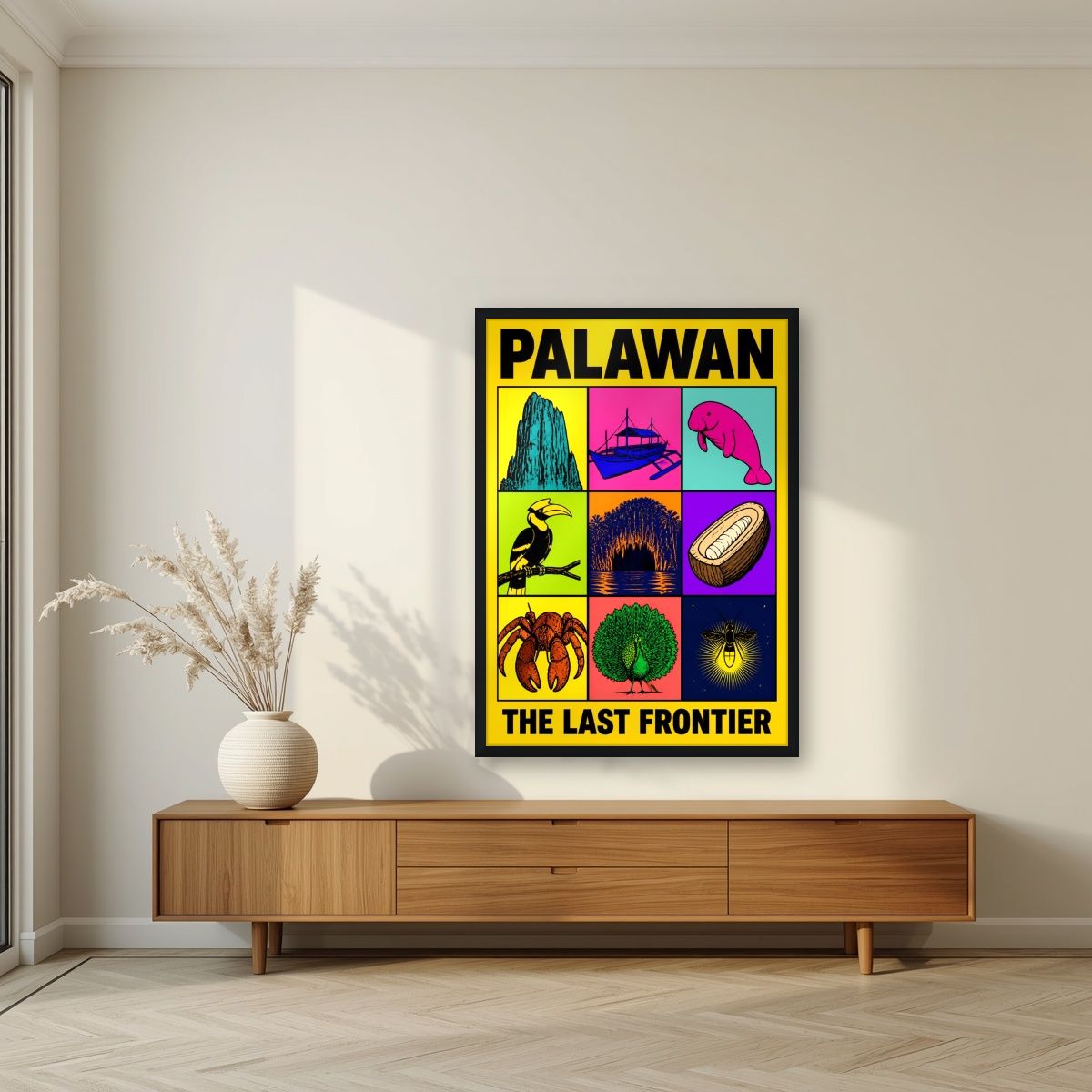 Siyam na Yaman — Palawan art print, in a black frame, styled in a living room