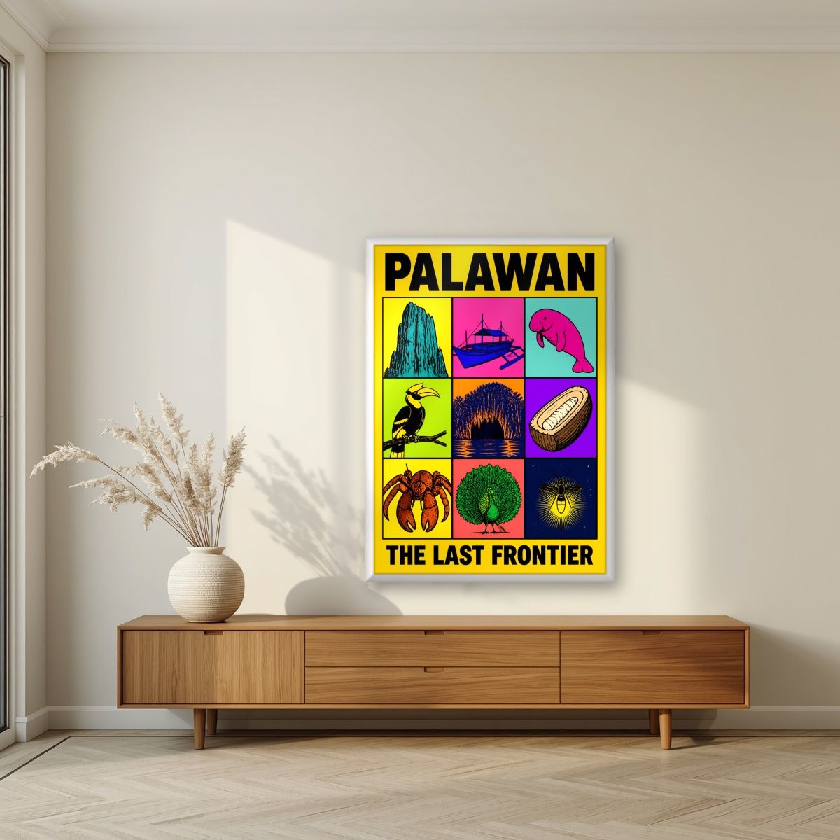 Siyam na Yaman — Palawan art print, in a white frame, styled in a living room