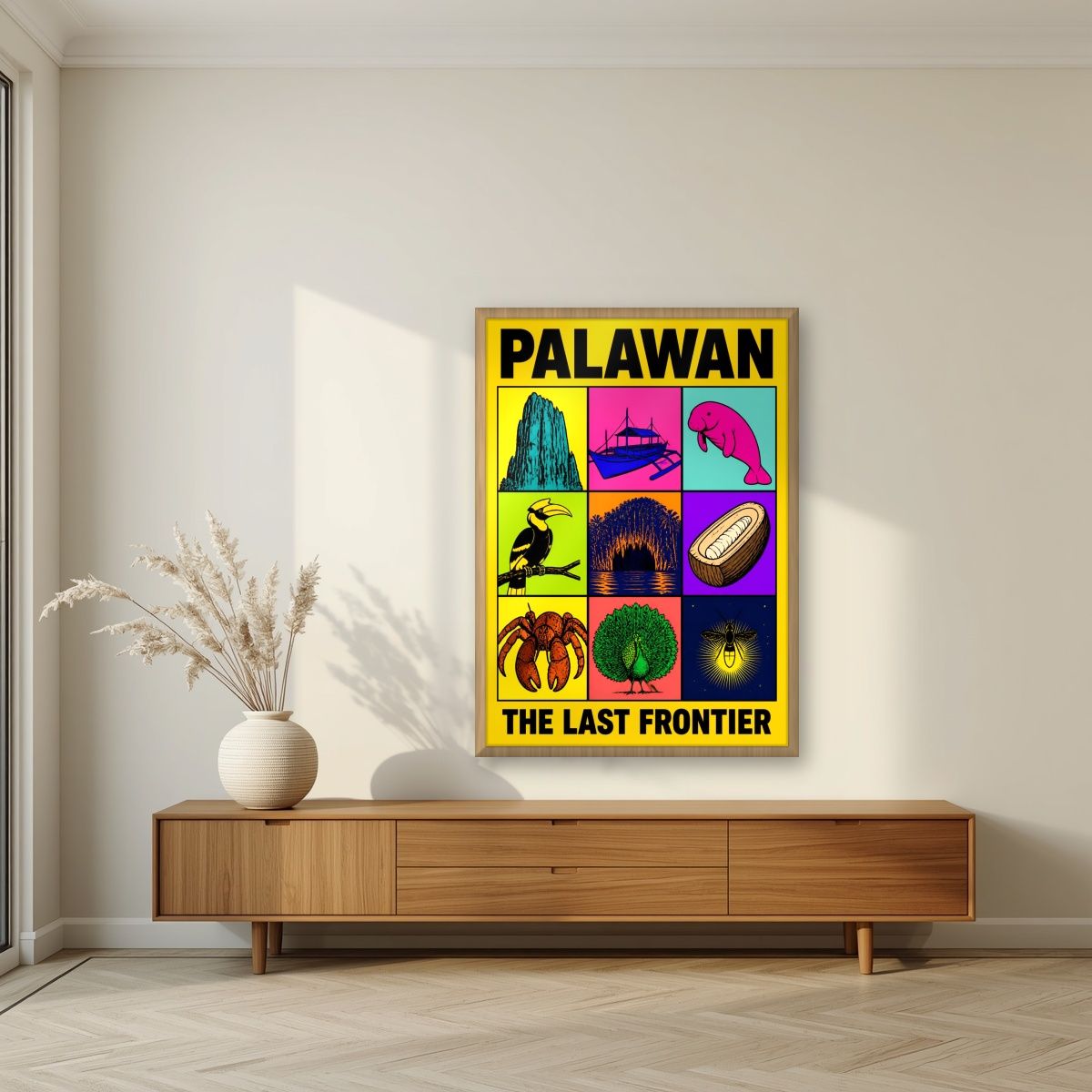 Siyam na Yaman — Palawan art print, in an oak frame, styled in a living room