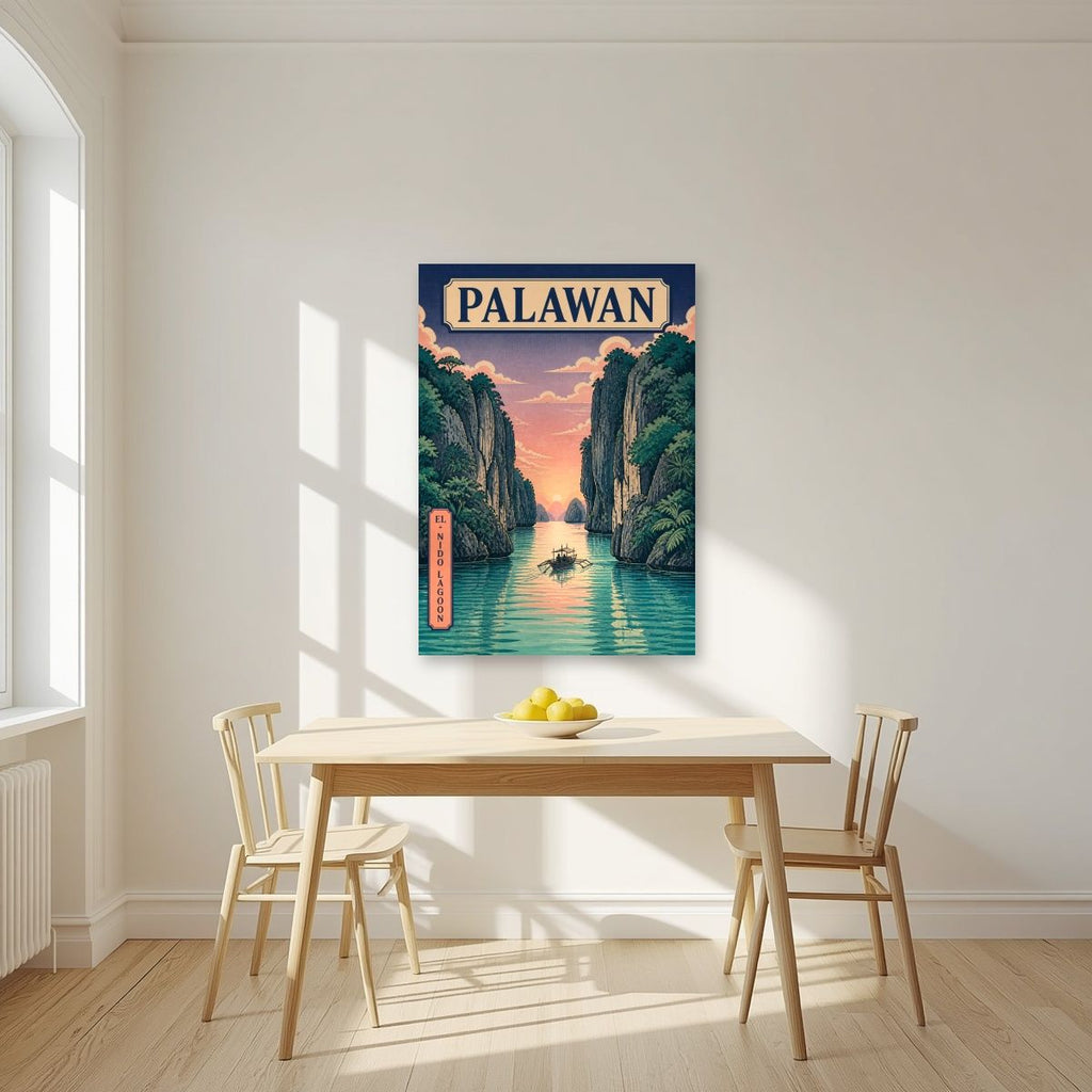 Takipsilim sa El Nido — Palawan art print, unframed poster, styled in a kitchen