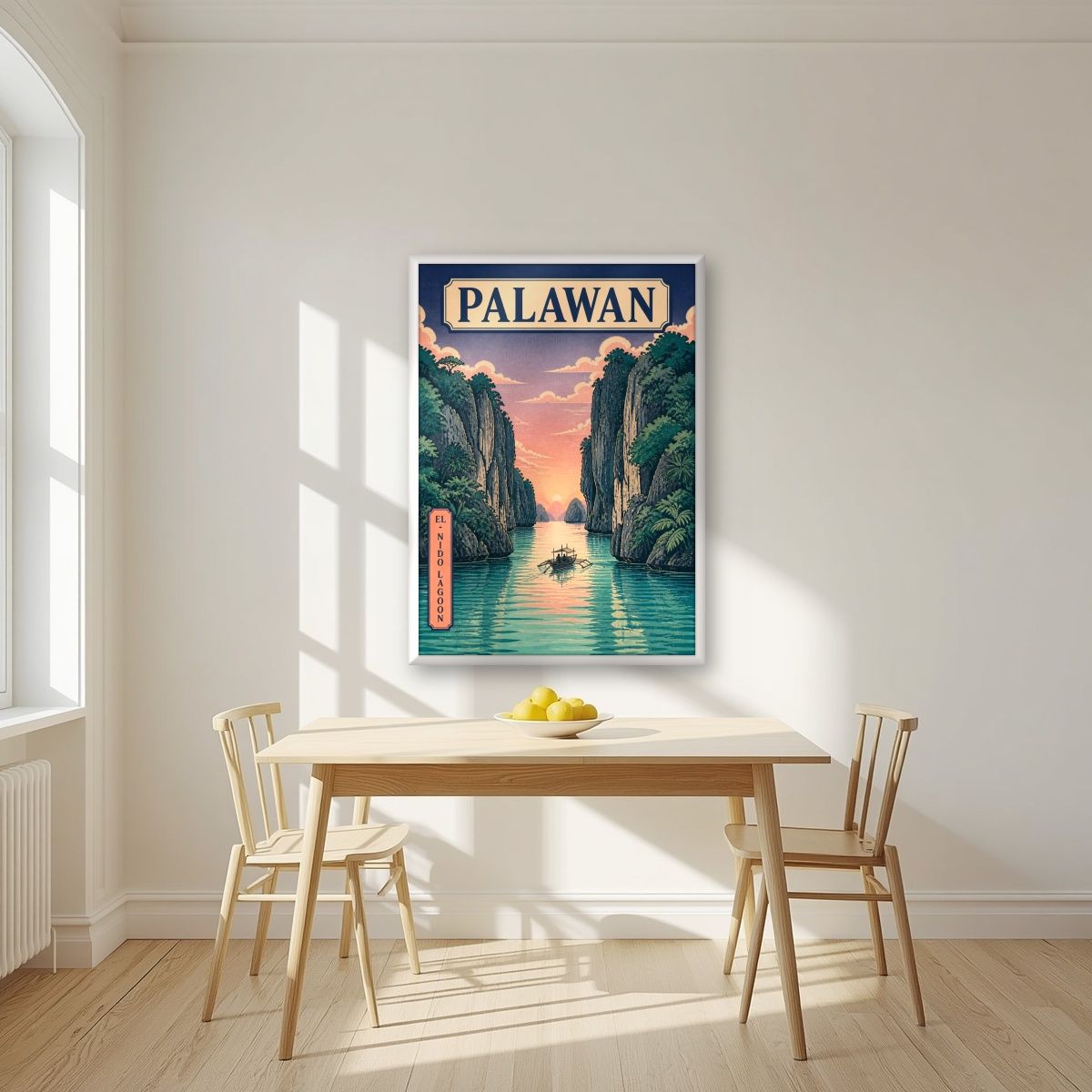 Takipsilim sa El Nido — Palawan art print, in a white frame, styled in a kitchen