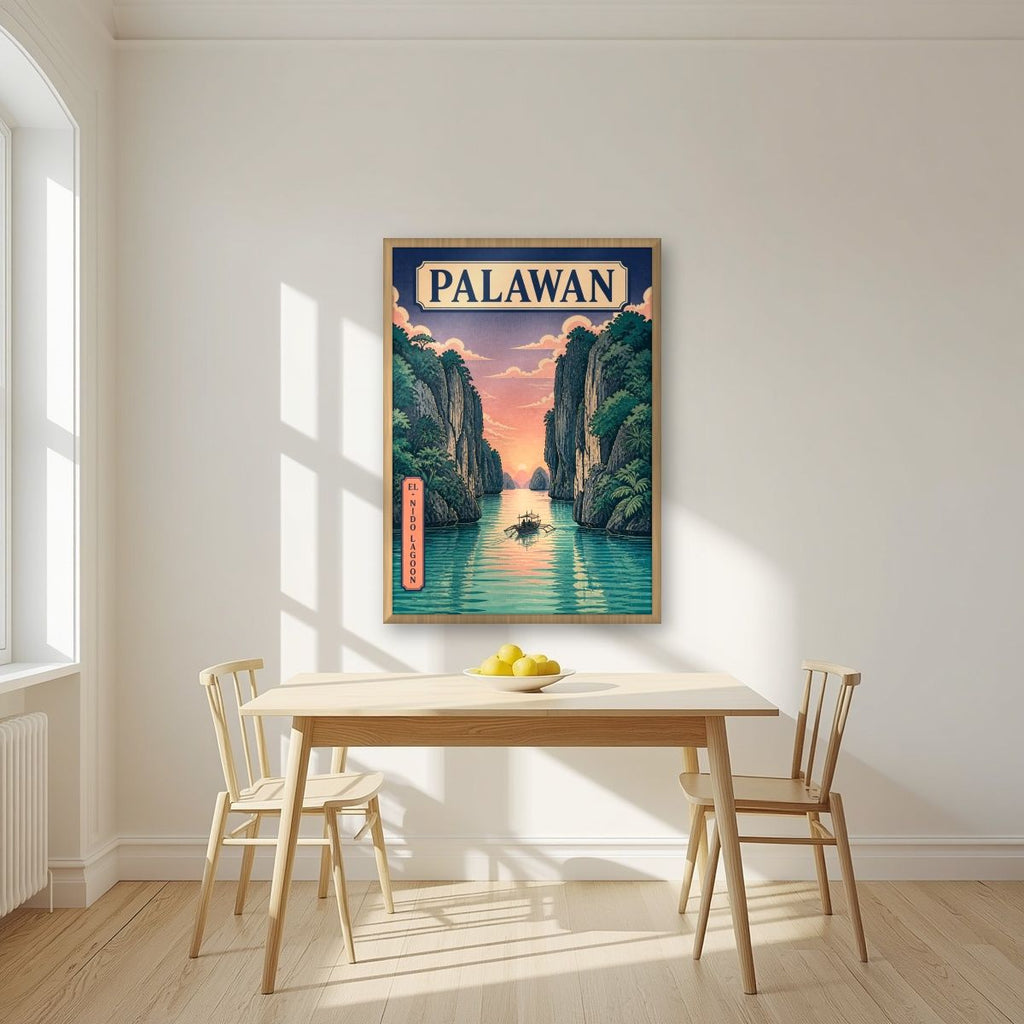 Takipsilim sa El Nido — Palawan art print, in an oak frame, styled in a kitchen