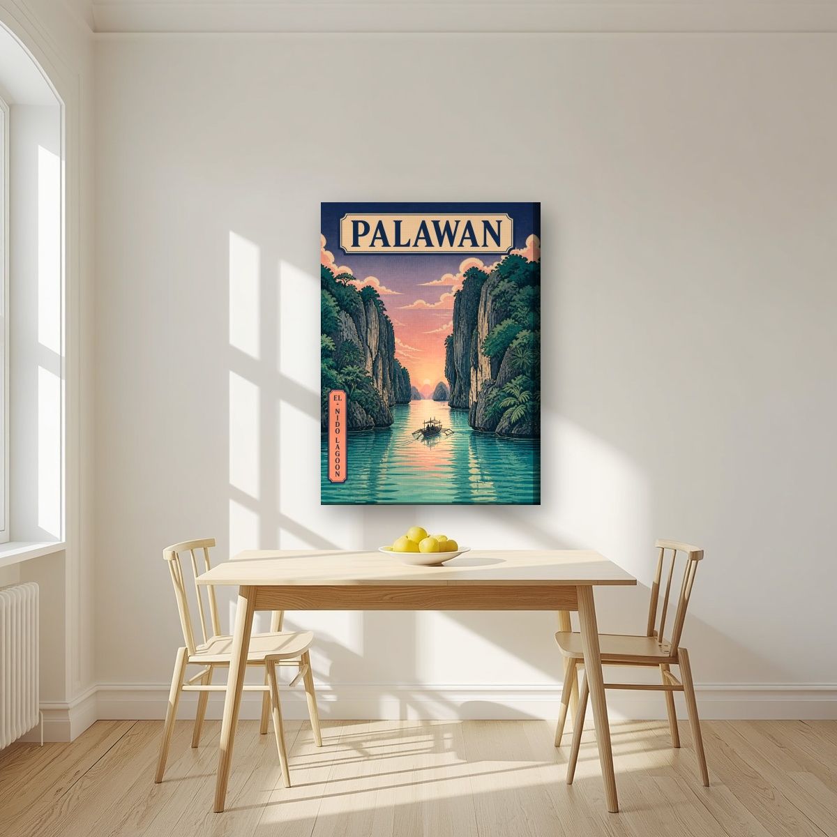 Takipsilim sa El Nido — Palawan art print, on slim canvas, styled in a kitchen