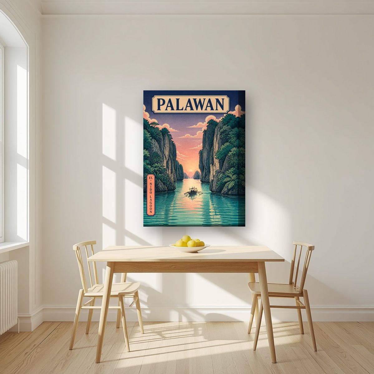 Takipsilim sa El Nido — Palawan art print, on thick canvas, styled in a kitchen